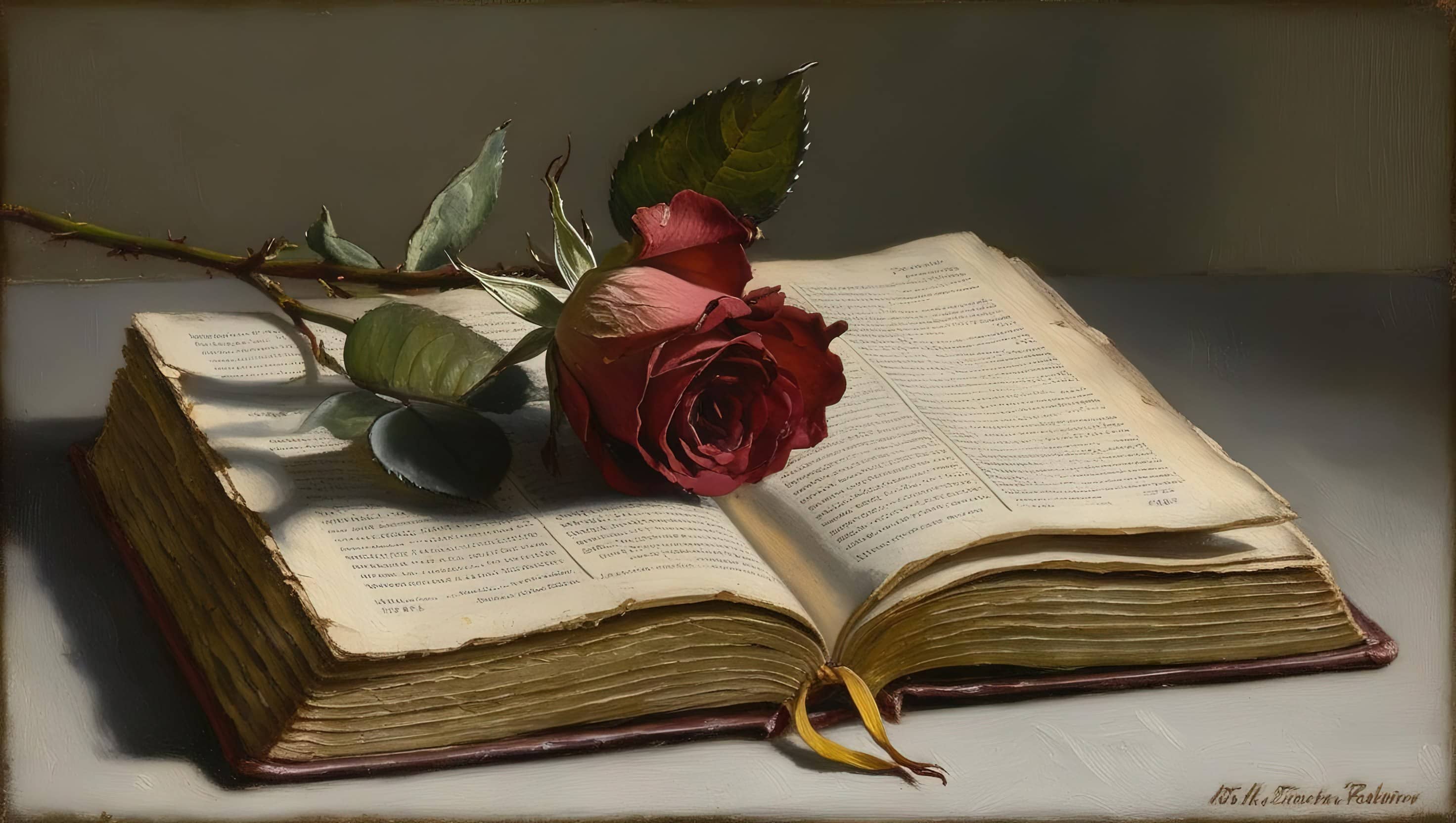 oil painting style image of a single open book with a wilted rose resting on its pages