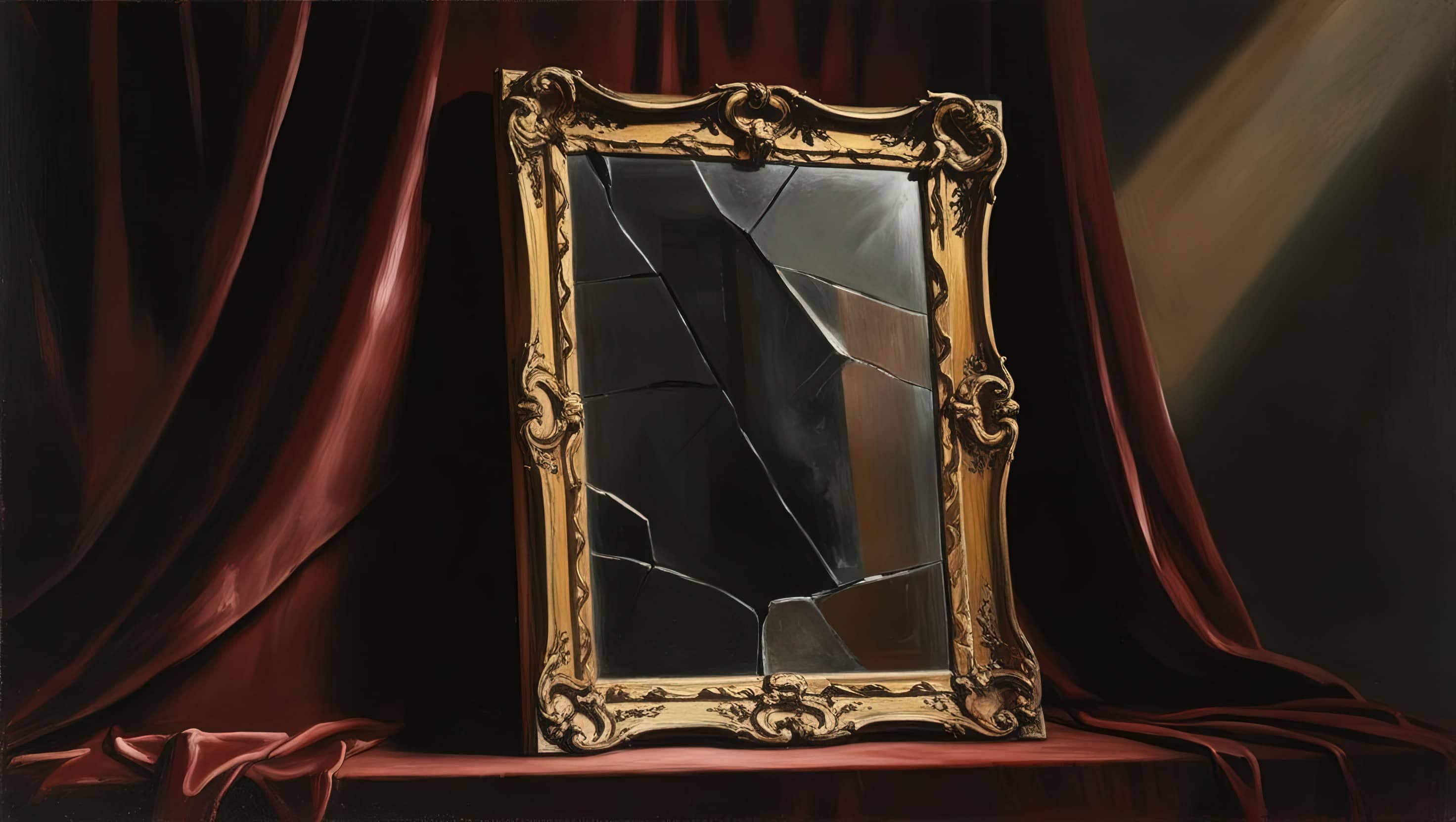 oil painting style image of a cracked, ornate mirror resting against a dark background