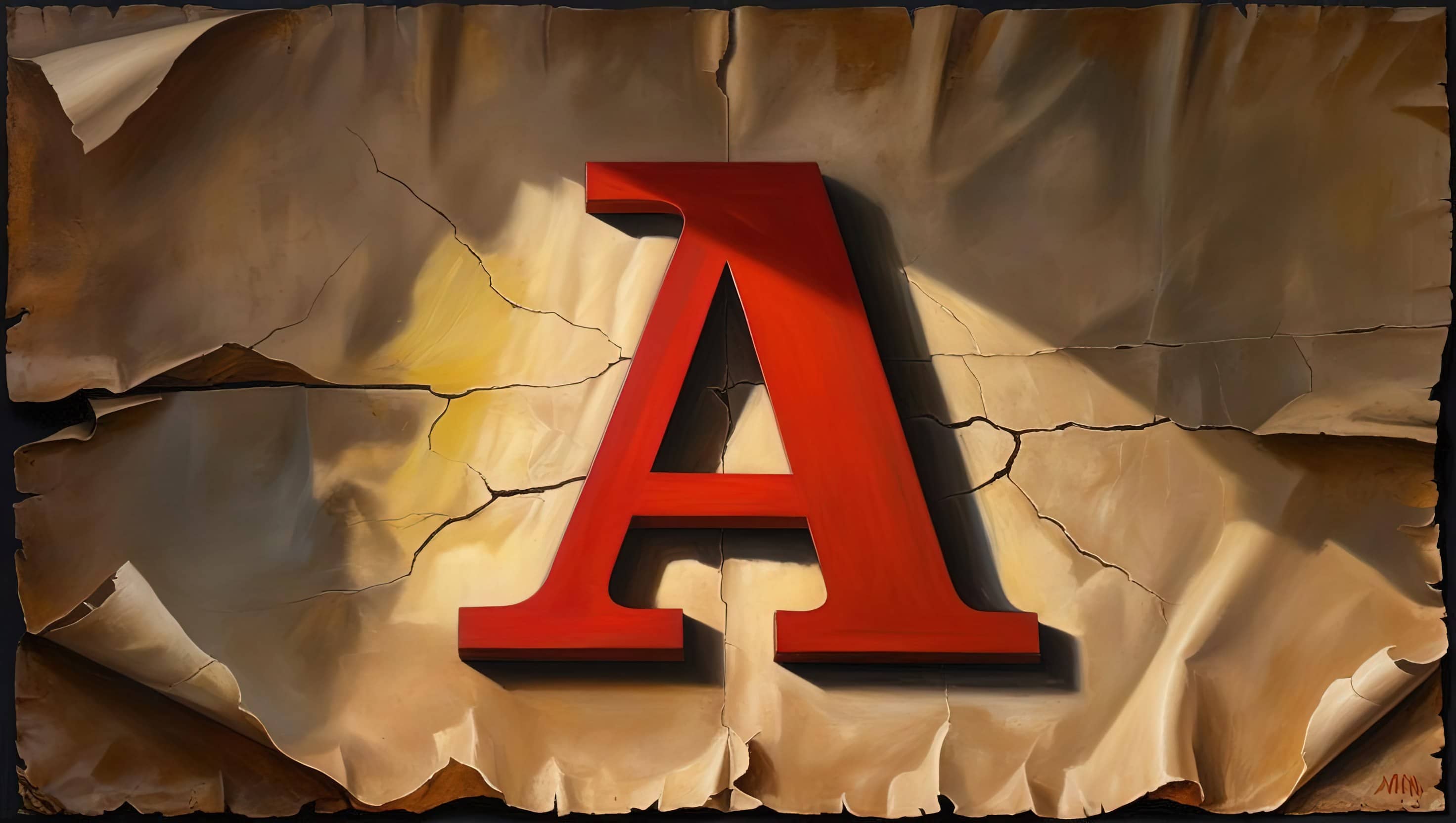 oil painting style image of a bright red letter “A” on a weathered, parchment-style background