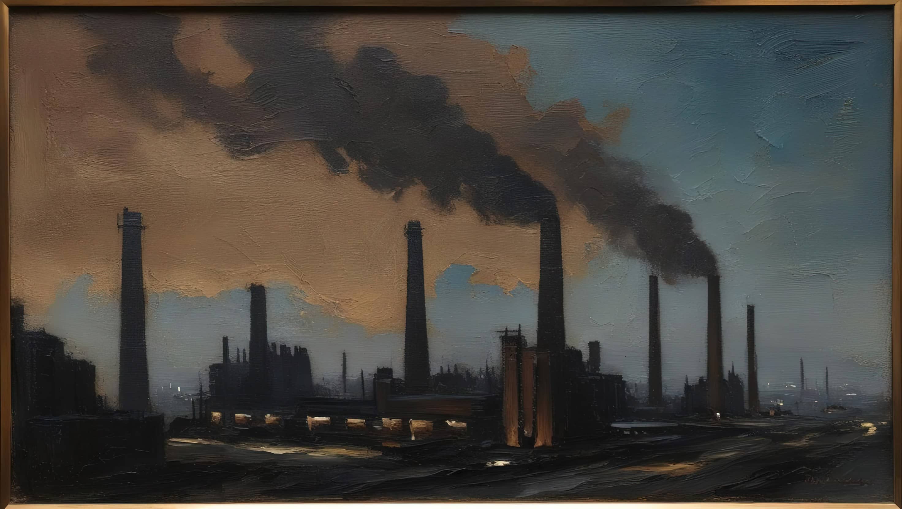 oil painting style image of a stark industrial skyline with towering smokestacks against a smoggy sky