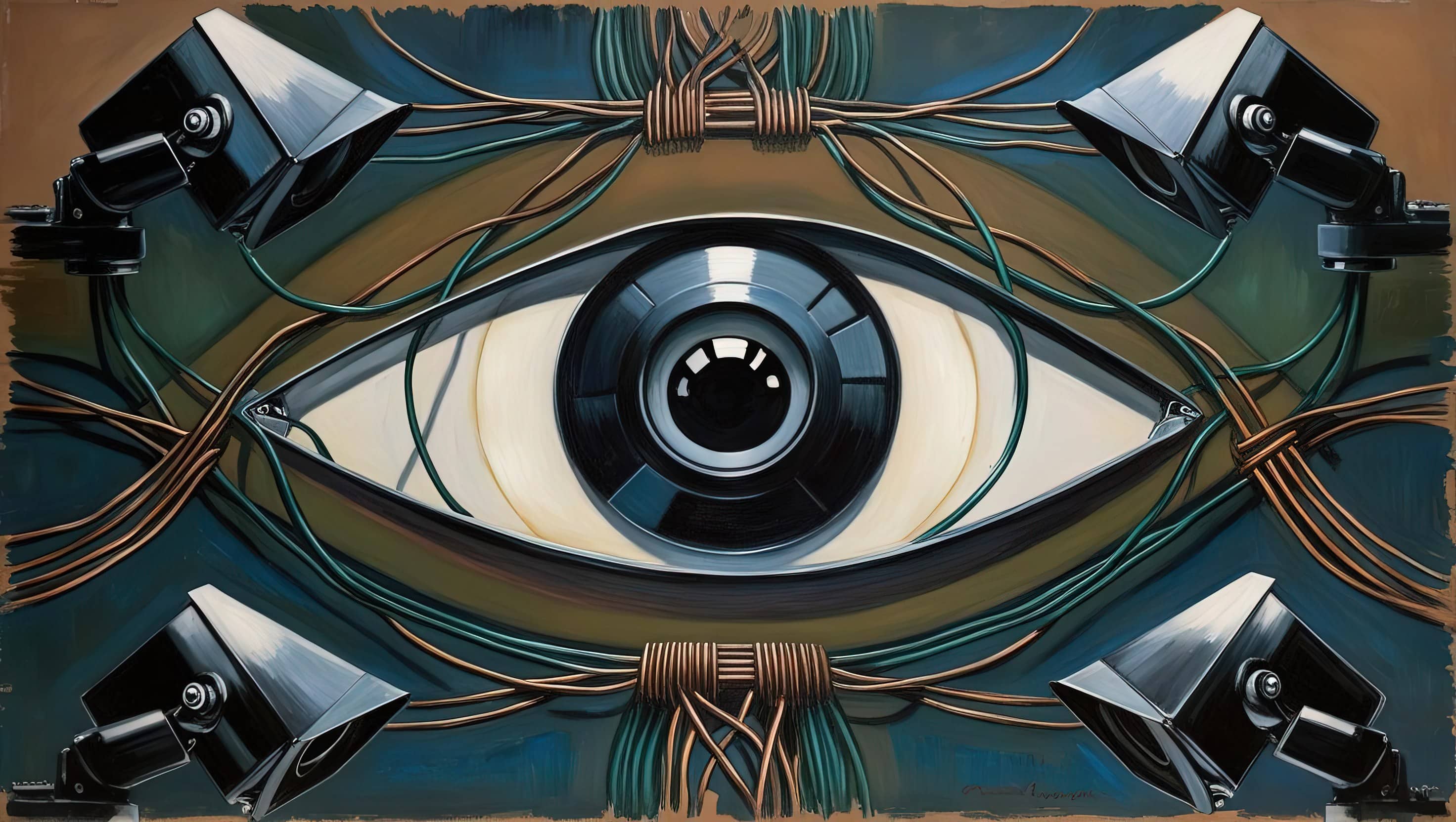 oil painting style image of a sleek, abstract depiction of surveillance cameras and wires forming the shape of an all-seeing eye