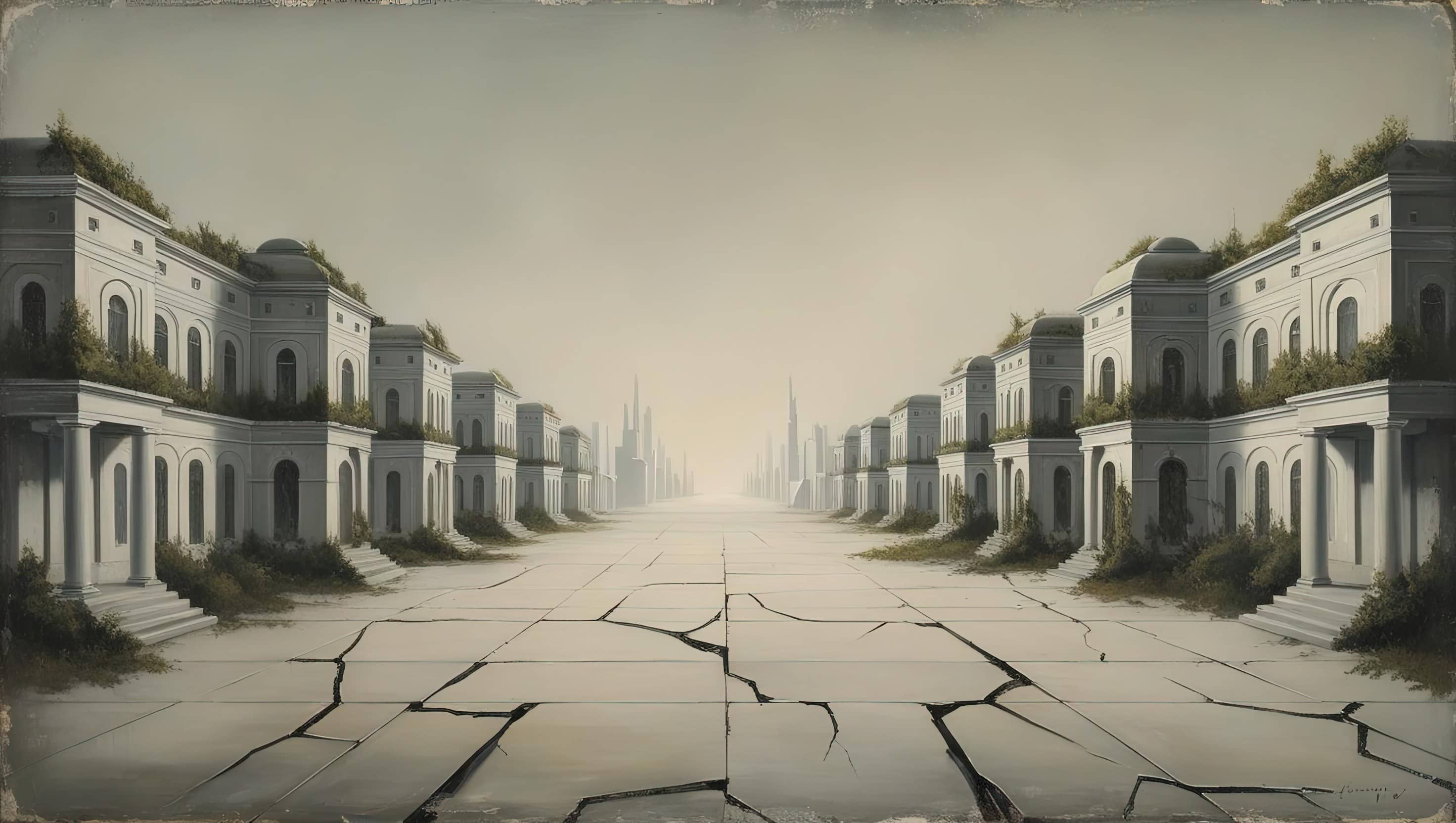 oil painting style image of a minimalist depiction of a cracked and overgrown utopian cityscape