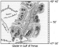 Black and white drawing of a Glacier in Gulf of Penas.