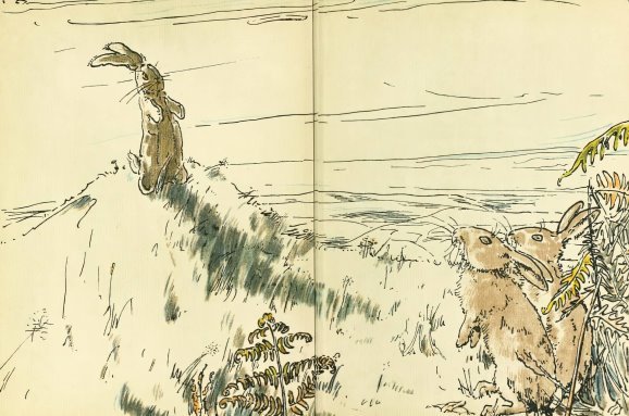 A drawing of rabbits in a field